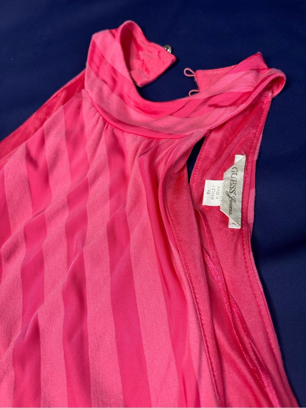 Y2K Guess Pink Striped Halter Top Ruched Waist Hug Drape Low Back Vintage